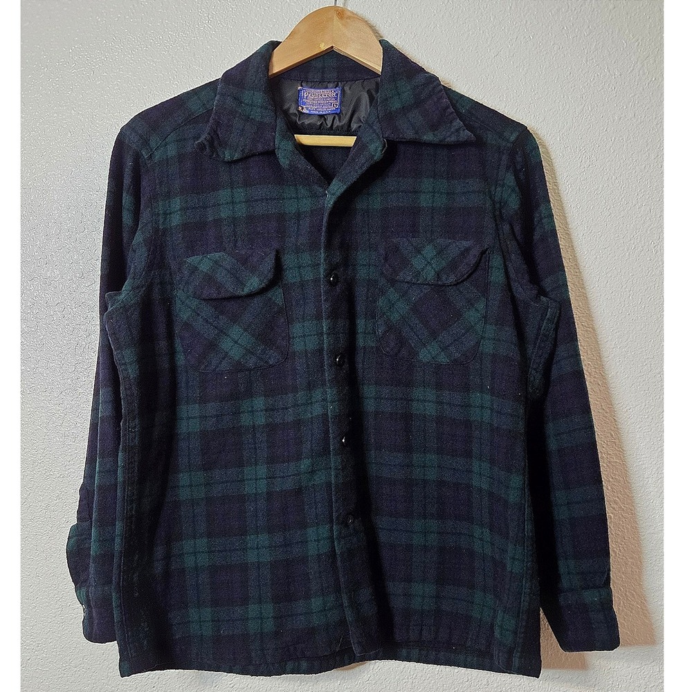 VTG Pendleton Large Blackwatch Plaid Wool Board Shirt Jacket Made In USA